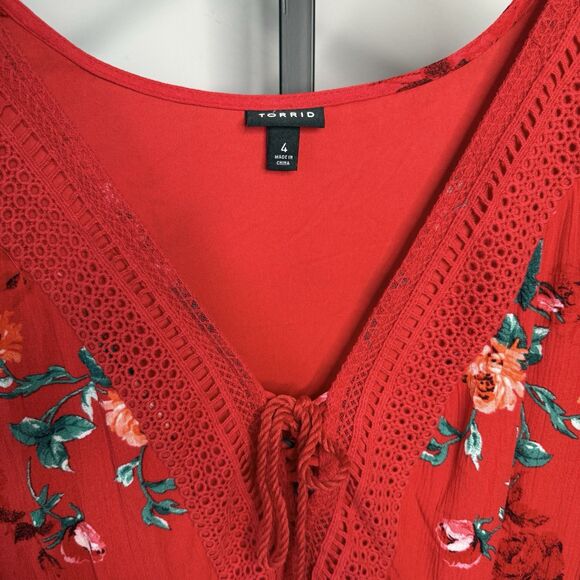 TORRID Red Floral Crochet Skater Dress Boho Front Tassel Tie Size 4X - Picture 7 of 8
